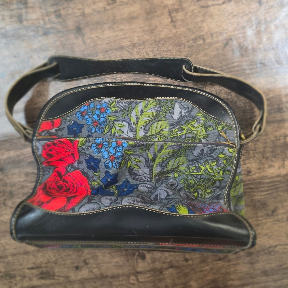FRENCH LUGGAGE CO Shoulder Bag Womens Medium Black Floral Tapestry Vintage Rose - Picture 2 of 10